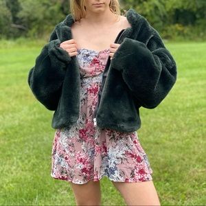 Free People Furry Green Bomber Jacket